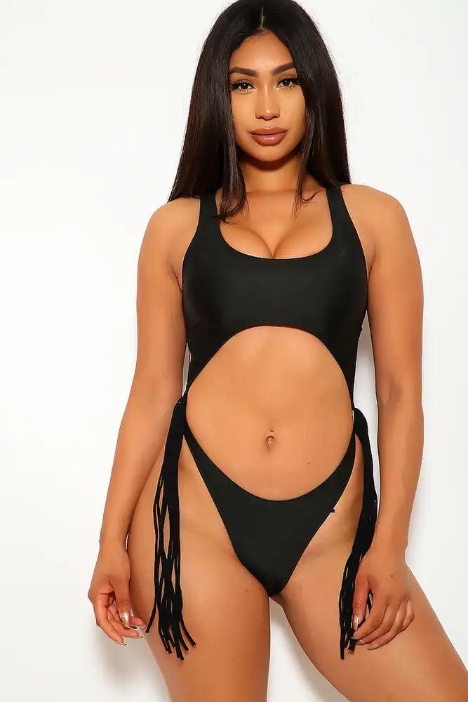Black Cut Out Fringe Cheeky One Piece Swimsuit - AMIClubwear