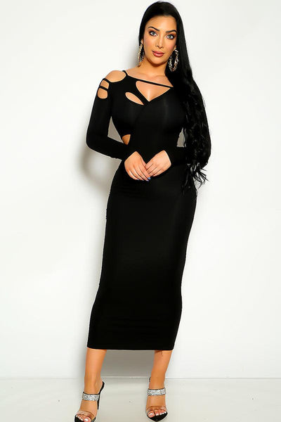 Black Cut Out Long Sleeve Maxi Party Dress - AMIClubwear