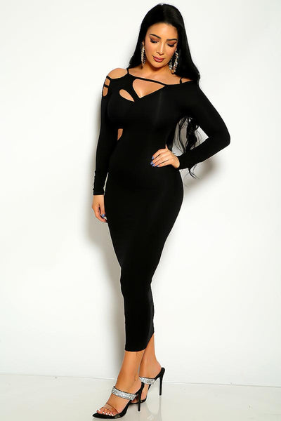 Black Cut Out Long Sleeve Maxi Party Dress - AMIClubwear