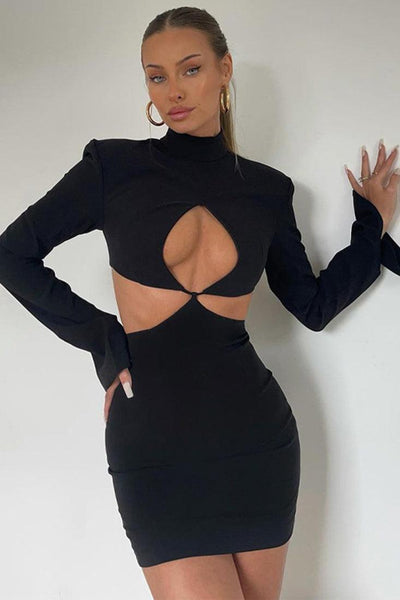 Black Cut Out Long Sleeves Sexy Party Dress - AMIClubwear