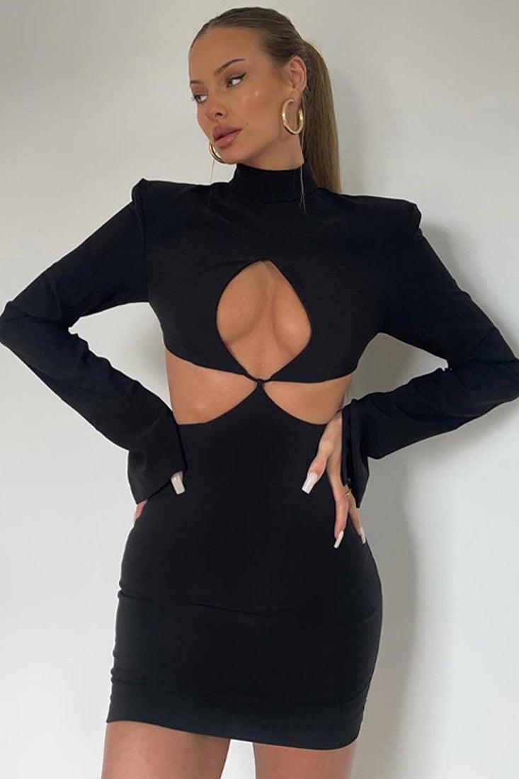 Black Cut Out Long Sleeves Sexy Party Dress - AMIClubwear