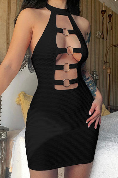Black Cut Out O-Ring Sleeveless Party Dress - AMIClubwear