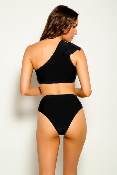 Black Cut Out Sexy Ruffled One Shoulder Two Piece Swimsuit - AMIClubwear