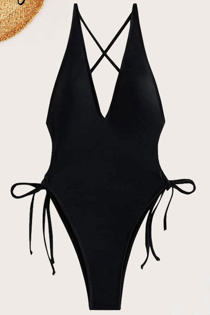 Black Deep V-Cut One Piece Swimsuit - AMIClubwear