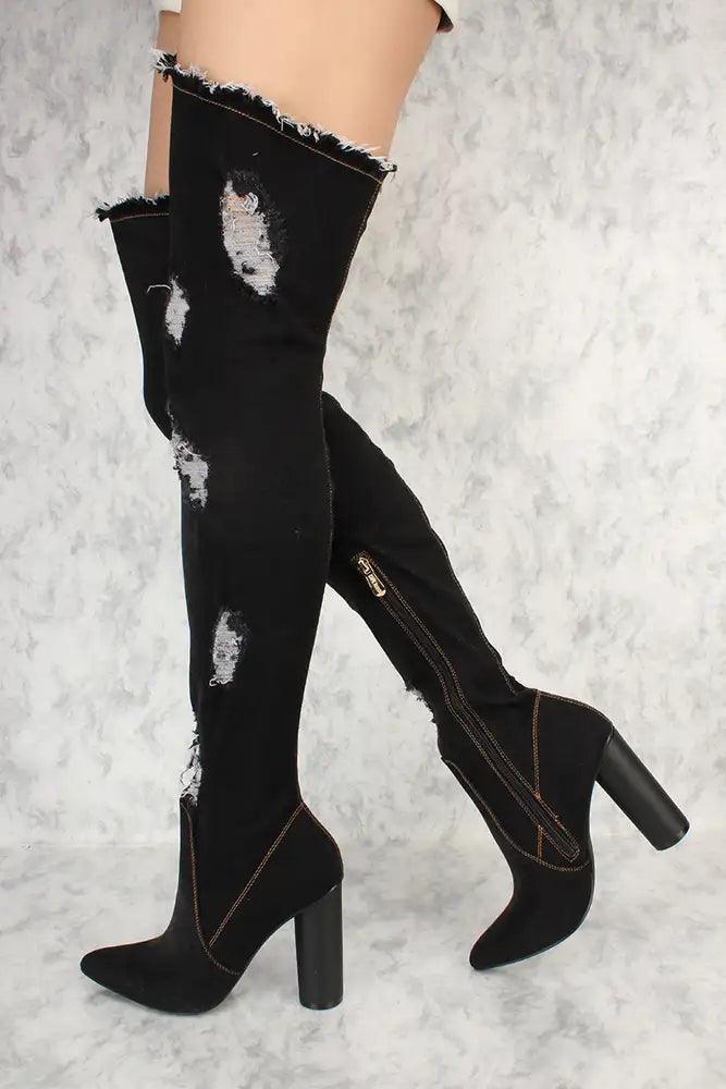 Black Denim Asymmetrical Distressed Pointy Toe Thigh High Boots - AMIClubwear