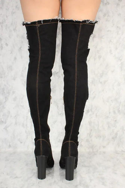 Black Denim Asymmetrical Distressed Pointy Toe Thigh High Boots - AMIClubwear