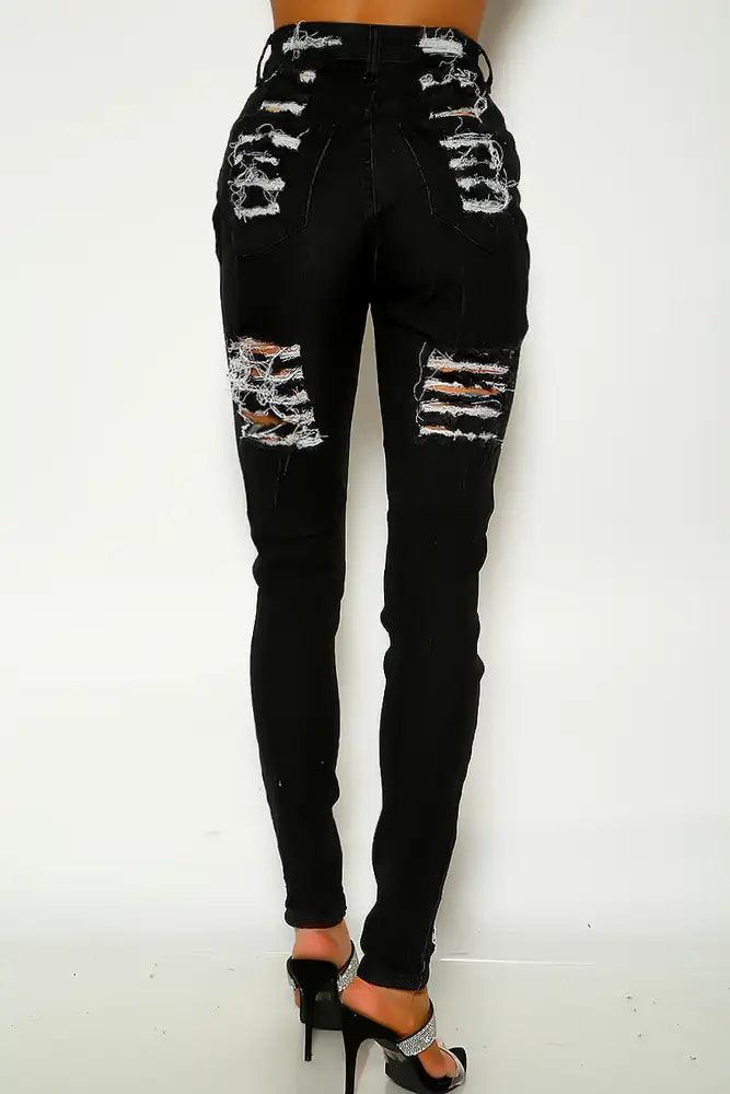 Black Distressed Mid Rise Skinny Jeans - AMIClubwear