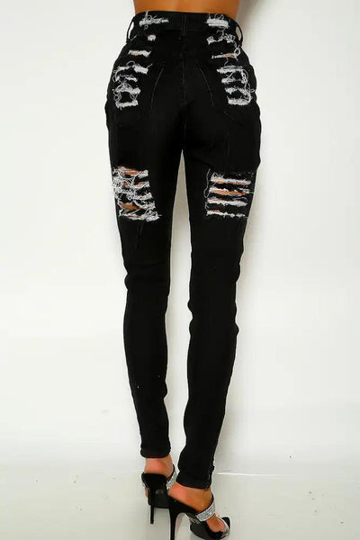 Black Distressed Mid Rise Skinny Jeans - AMIClubwear