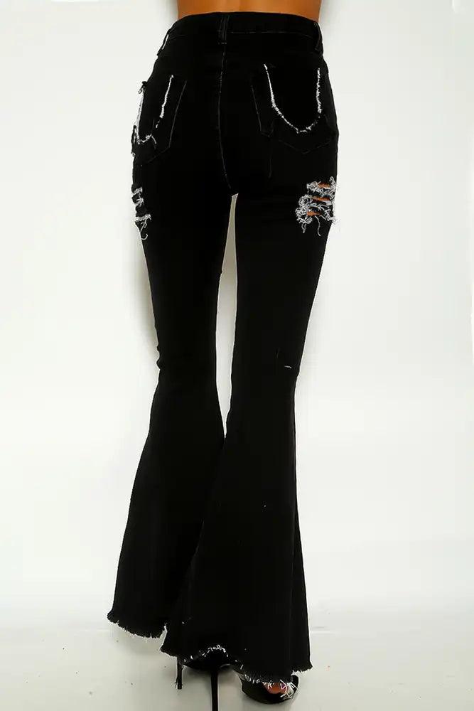Black Distressed Slits Bell Bottom Mid Rise Jeans - AMIClubwear