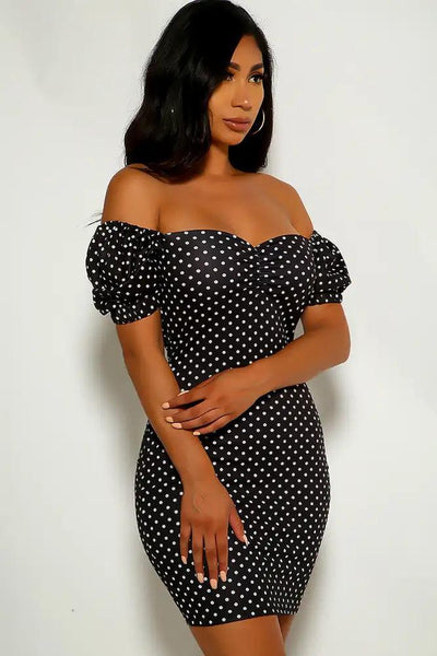 Black Dots Short Sleeve Party Dress - AMIClubwear