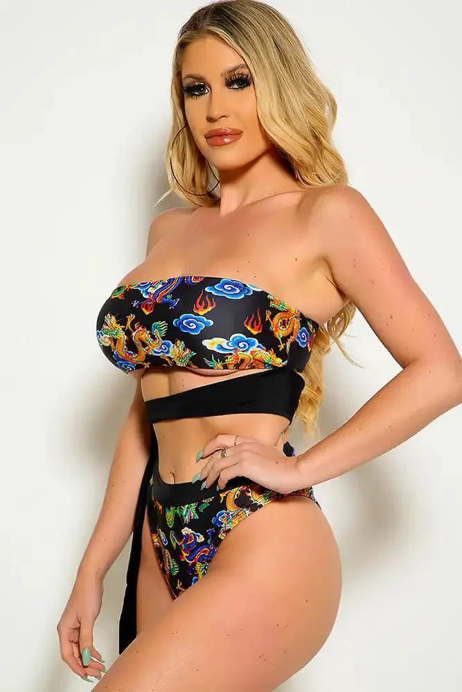 Black Dragon Srapless Wrap Around Mid Waist Two Piece Dress