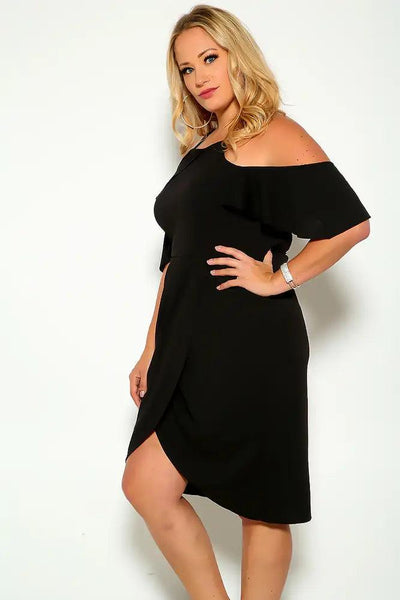 Black Draped Short Sleeve Plus Size Party Dress - AMIClubwear