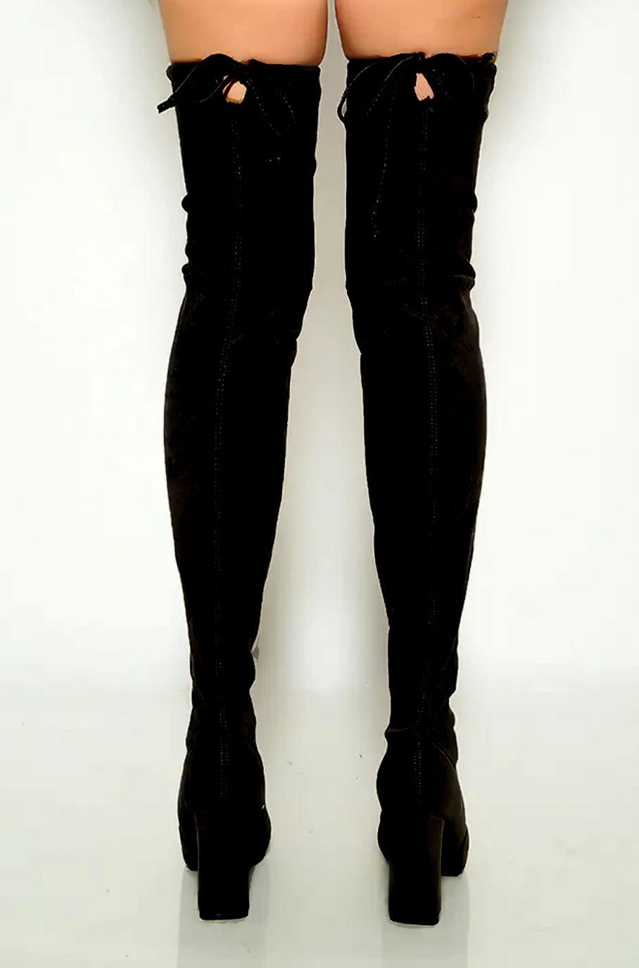 Black Drawstring Over Knee Chunky High Heel Boots - AMIClubwear