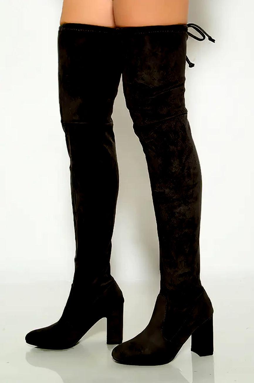 Black Drawstring Over Knee Chunky High Heel Boots - AMIClubwear
