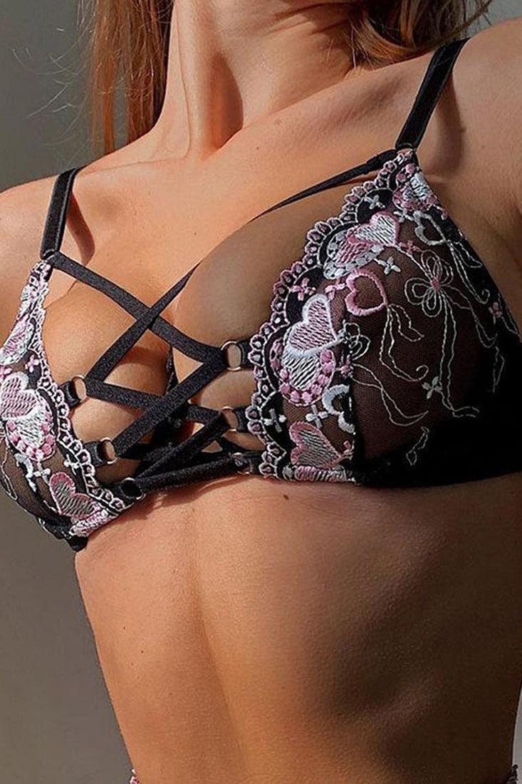 Black Embroidered Heart Criss Cross Mesh 3 Pc Lingerie Set - AMIClubwear