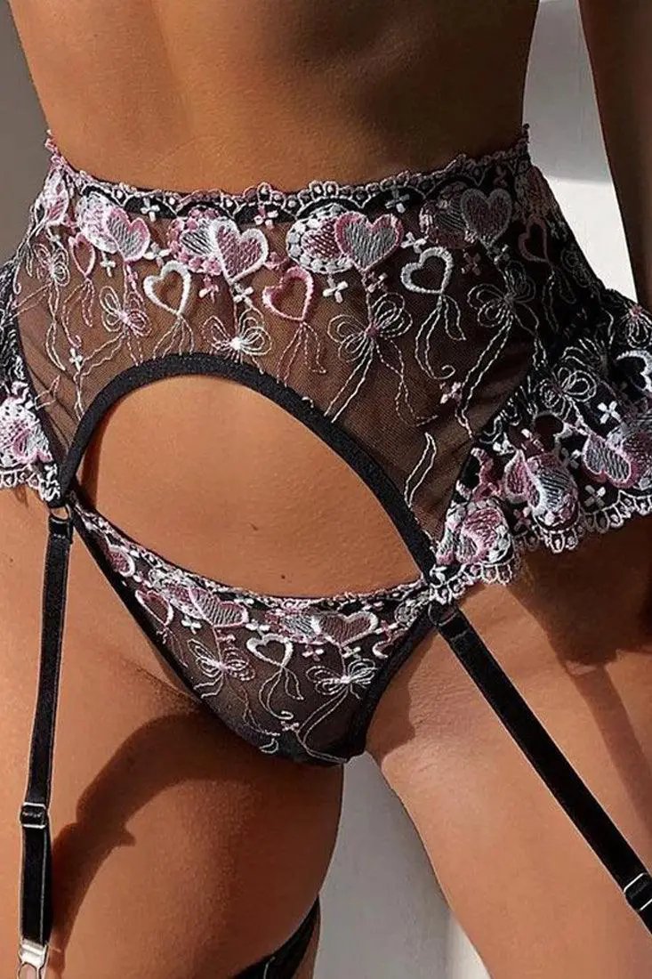 Black Embroidered Heart Criss Cross Mesh 3 Pc Lingerie Set