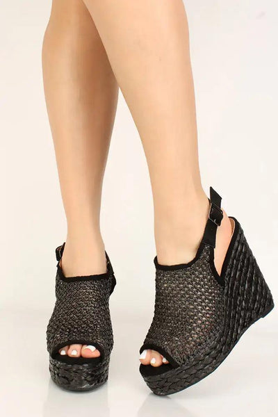 Black Espadrille Peep Toe Wedges - AMIClubwear