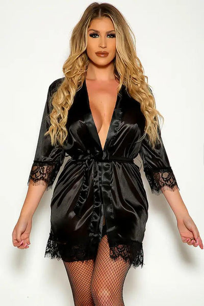 Black Eyelash Lace Trim Quarter Sleeve Belted Lace Robe - AMIClubwear