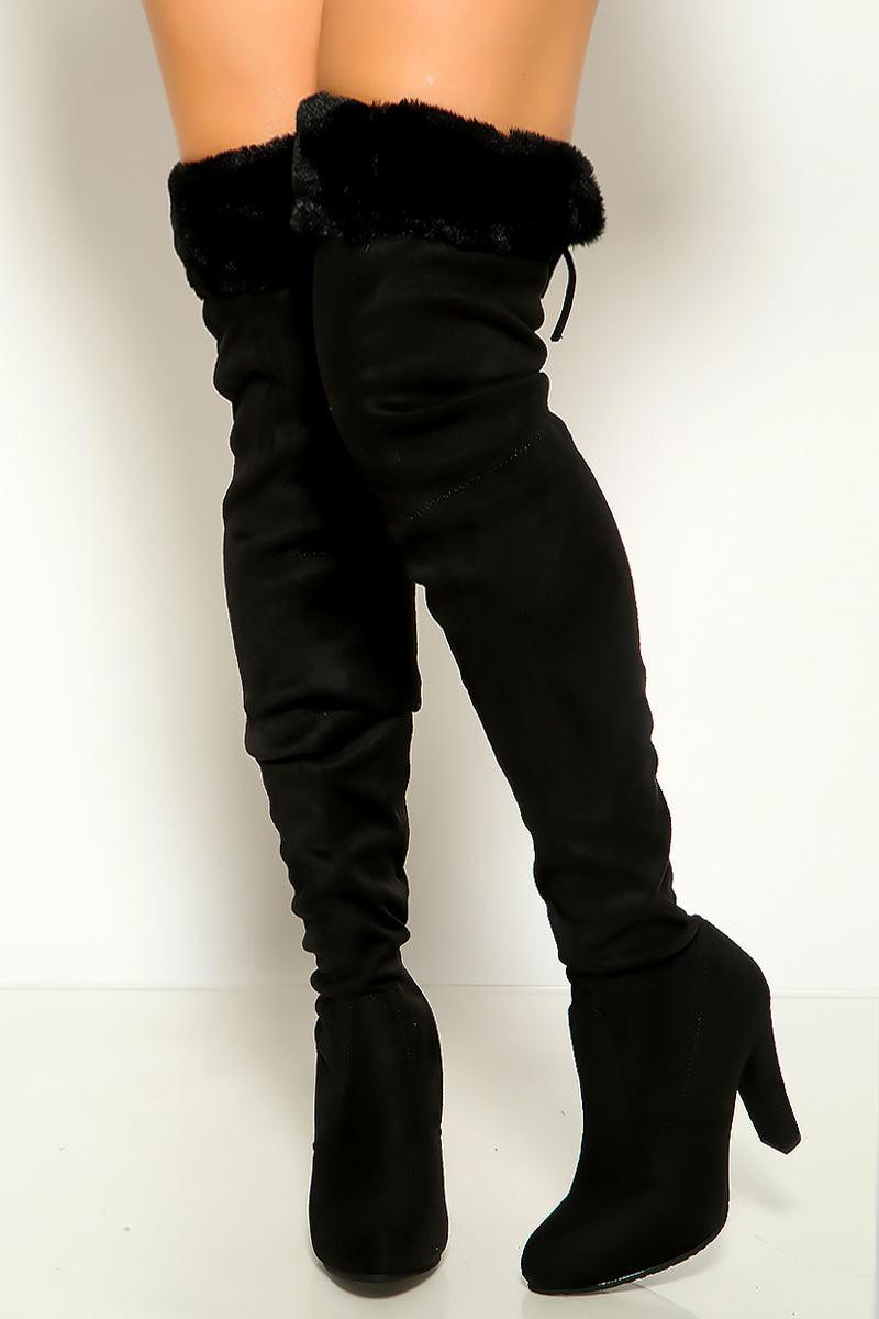 Black Faux Fur Chunky High Heel Thigh High Boots - AMIClubwear