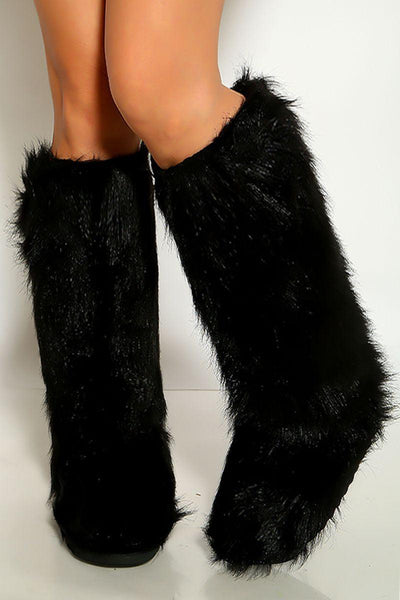 Black Faux Fur Fluffy Suede Winter Snow Boots Yeti Shoes - AMIClubwear