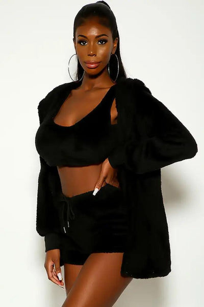 Black Faux Fur Hooded Three Piece Outfit - AMIClubwear