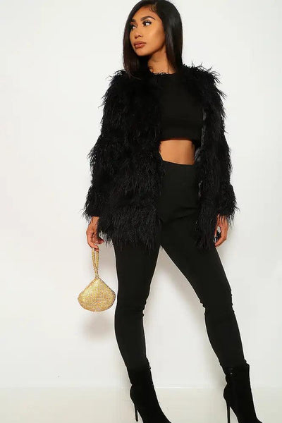 Black Faux Fur Long Sleeves Coat - AMIClubwear