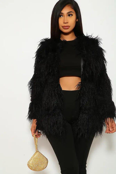 Black Faux Fur Long Sleeves Coat - AMIClubwear