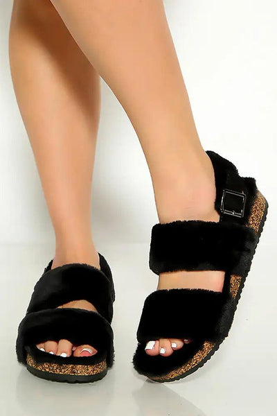 Black Faux Fur Open Toe Back Strap Comfy Slipper - AMIClubwear