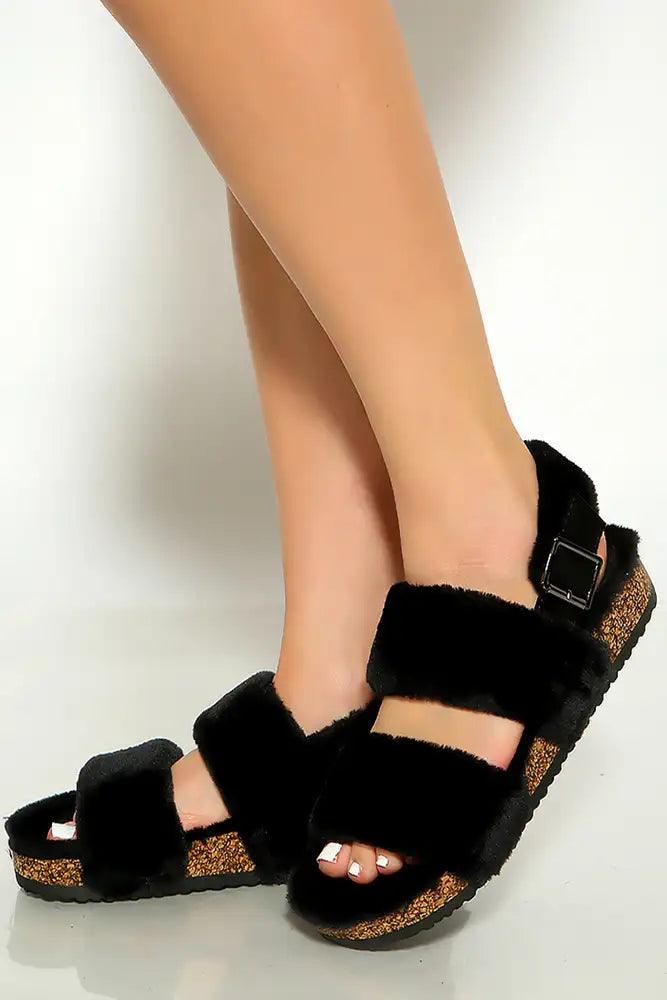 Black Faux Fur Open Toe Back Strap Comfy Slipper - AMIClubwear