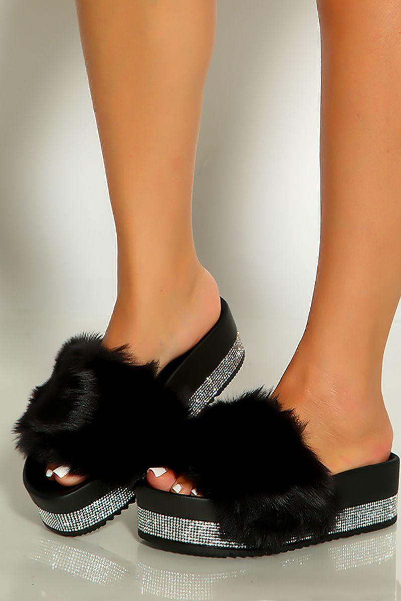 Black Faux Fur Open Toe Rhinestone Platform Sandals - AMIClubwear