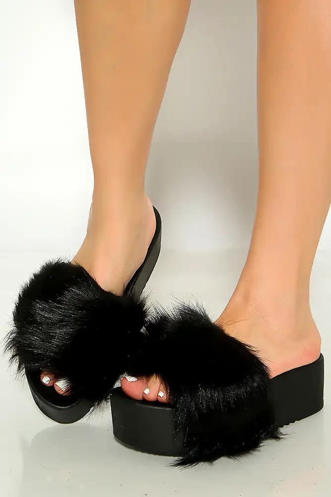 Black Faux Fur Open Toe Slip On Platform Sandals - AMIClubwear