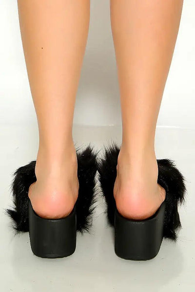 Black Faux Fur Open Toe Slip On Platform Sandals - AMIClubwear