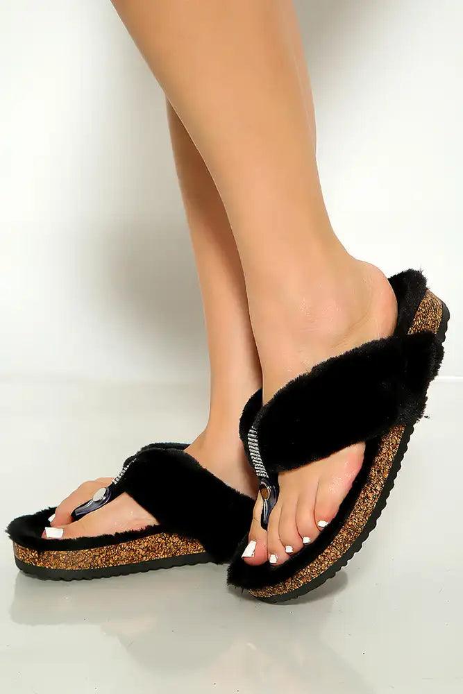 Black Faux Fur Open Toe Thong Rhinestone Slip On Slipper Sandals - AMIClubwear