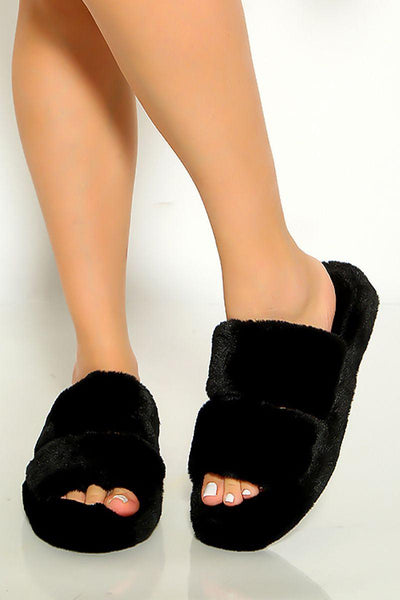 Black Faux Fur Open Toe Wide Strap Slipper Sandals - AMIClubwear