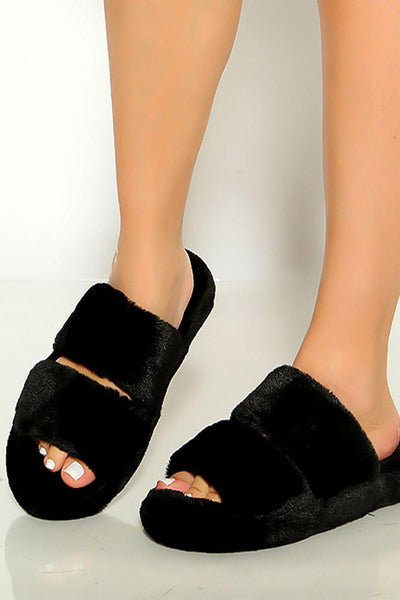 Black Faux Fur Open Toe Wide Strap Slipper Sandals - AMIClubwear