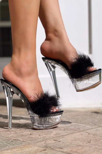 Black Faux Fur Peep Toe Platform High Heels - AMIClubwear