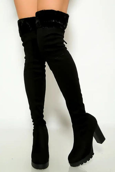 Black Faux Fur Platform Chunky High Heel Thigh High Boots - AMIClubwear