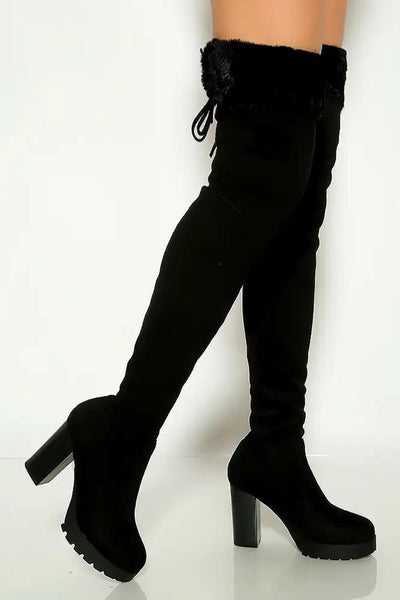 Black Faux Fur Platform Chunky High Heel Thigh High Boots - AMIClubwear