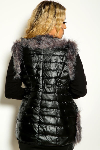 Black Faux Fur Puffy Sleeveless Zip Up Winter Plus Size Vest - AMIClubwear