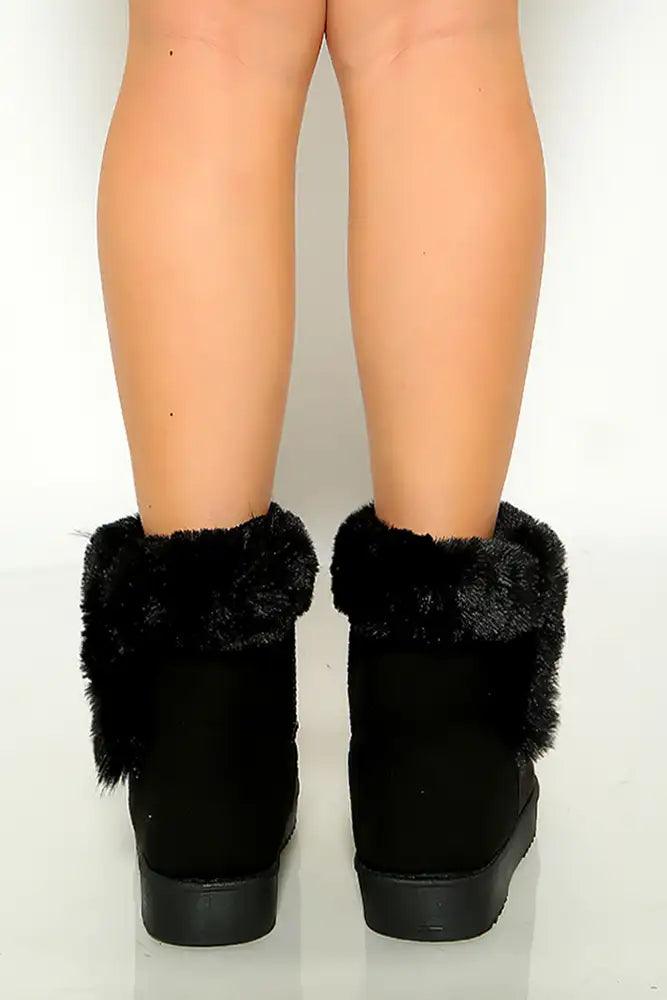 Black Faux Fur Rhinestone Detail Cozy Booties - AMIClubwear