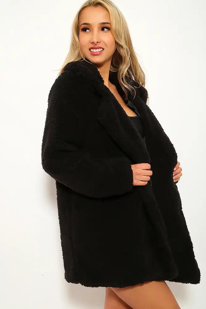 Black Faux Fur Sherpa Long Sleeve Coat - AMIClubwear