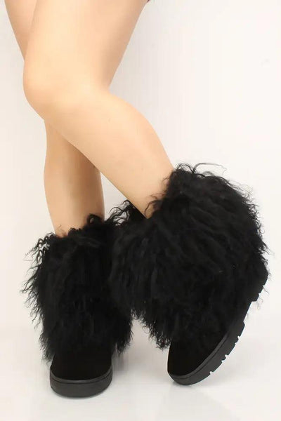 Black Faux Fur Slip On Booties - AMIClubwear