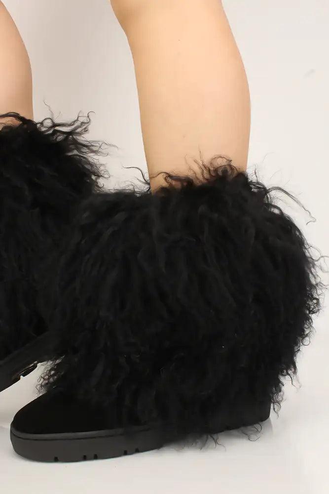 Black Faux Fur Slip On Booties - AMIClubwear