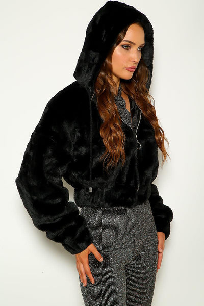 Black Faux Fur Zip Up Fluffy Hoodie Jacket - AMIClubwear
