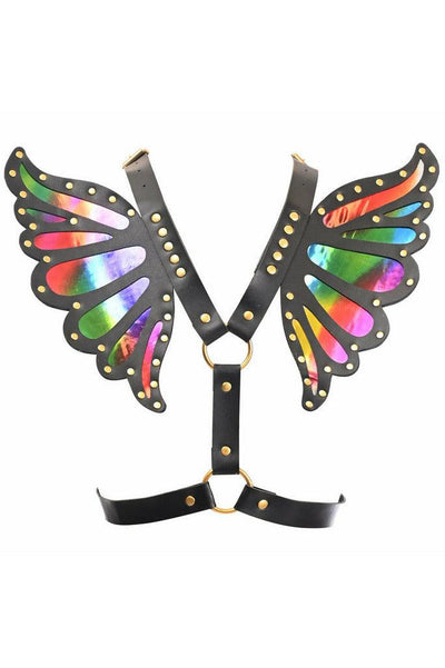 Black Faux Leather & Rainbow Holo Butterfly Wing Harness - AMIClubwear