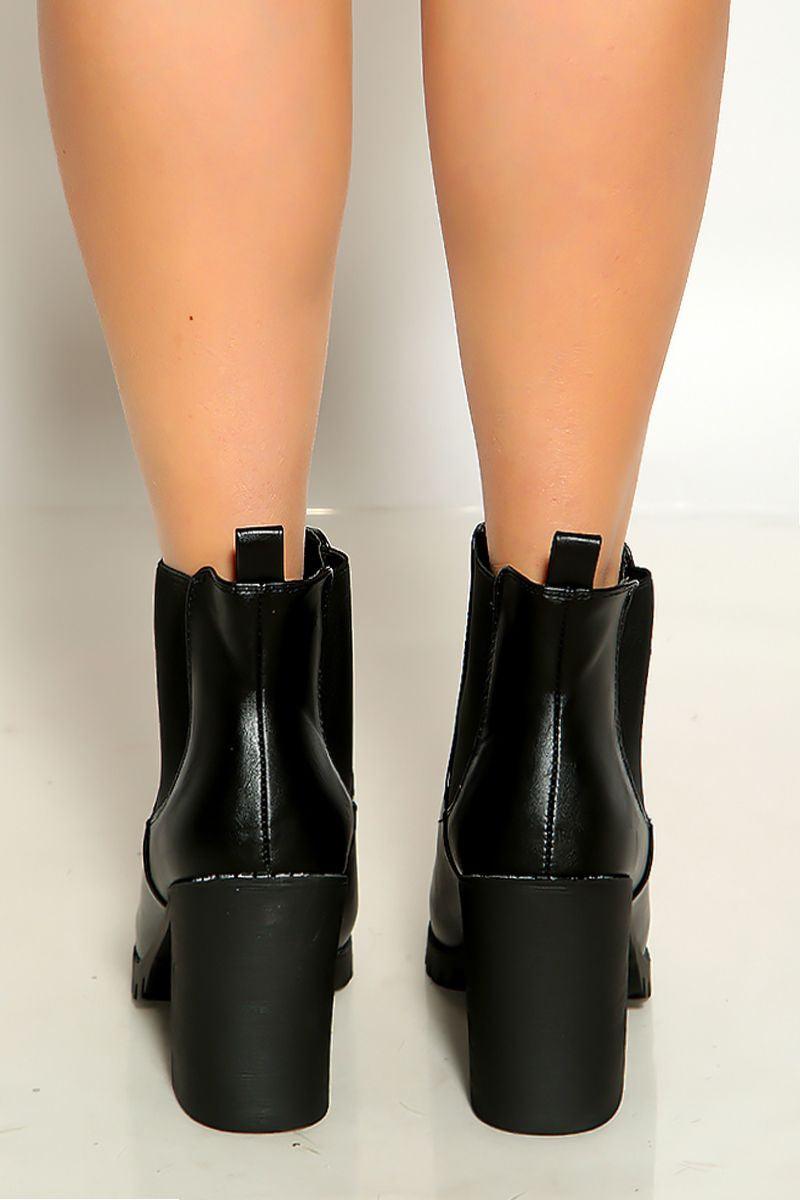 Black Faux Leather Ankle Chunky Heel Booties - AMIClubwear