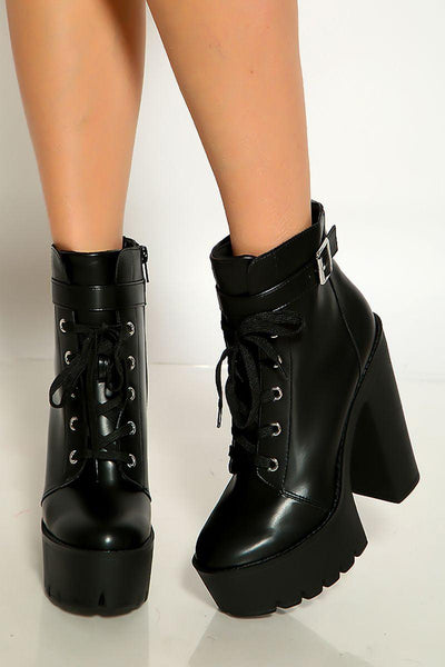 Black Faux Leather Buckle Ankle Platform Heels Boots Booties - AMIClubwear
