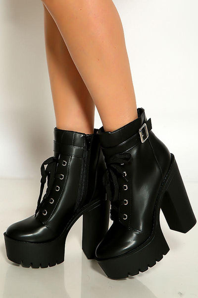 Black Faux Leather Buckle Ankle Platform Heels Boots Booties - AMIClubwear