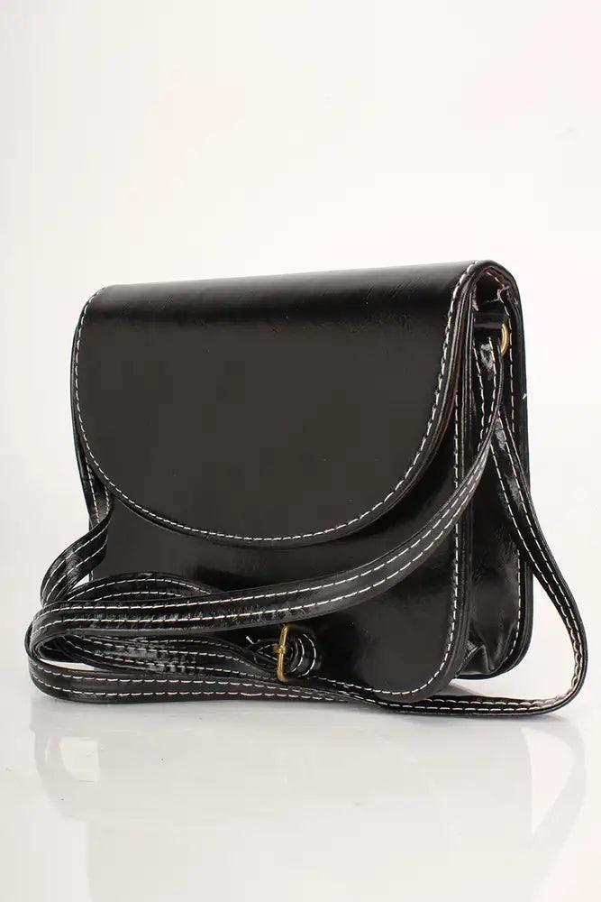 Black Faux Leather Button Clasp Stitching Handbag - AMIClubwear