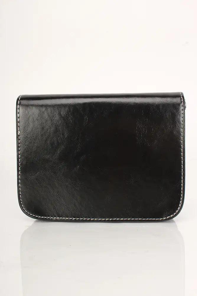 Black Faux Leather Button Clasp Stitching Handbag - AMIClubwear